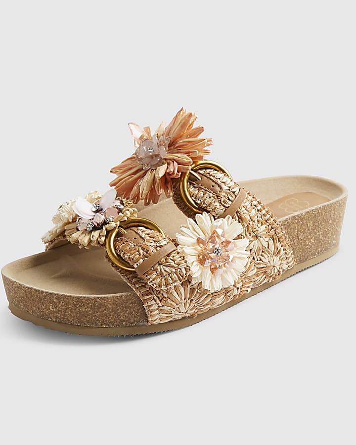 Beige Raffia Flower Footbed Sandals