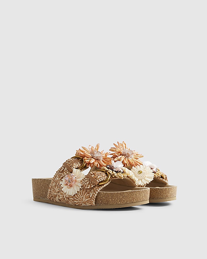 Beige Raffia Flower Footbed Sandals