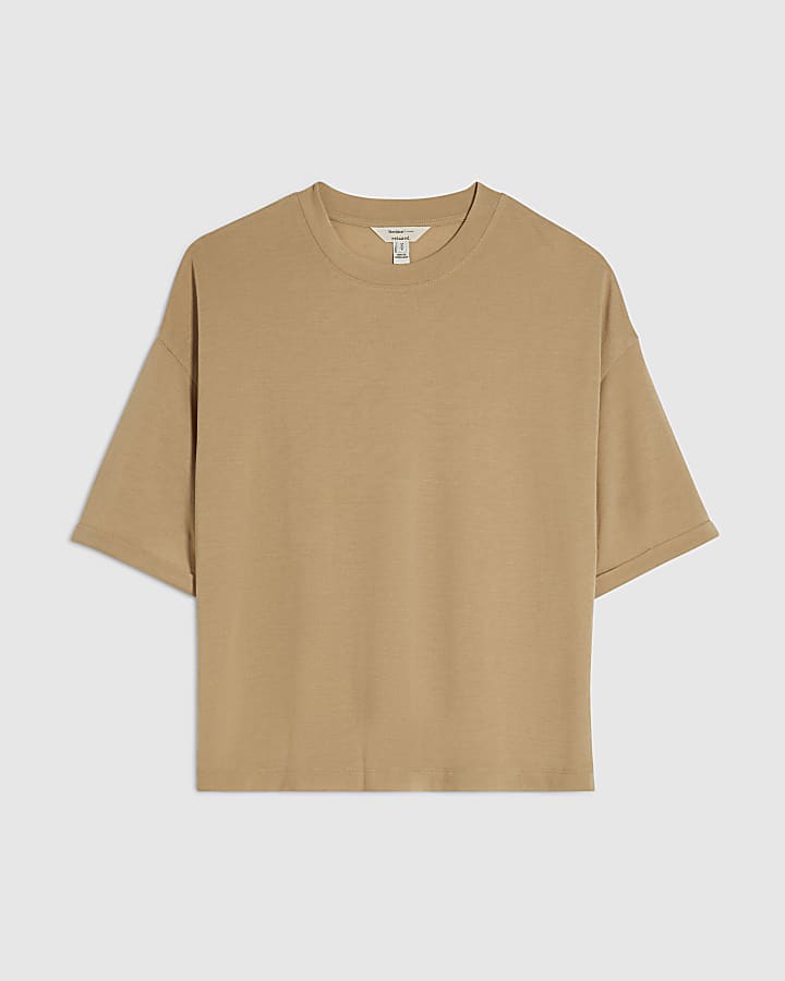 Beige Drop Shoulder Linen Blend T-shirt