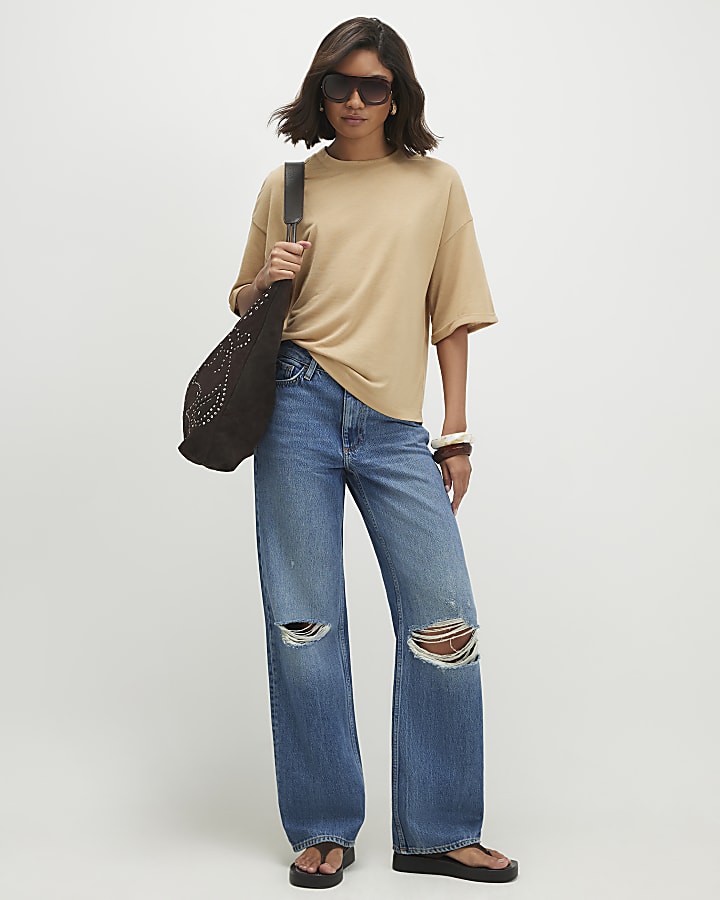 Beige Drop Shoulder Linen Blend T-shirt