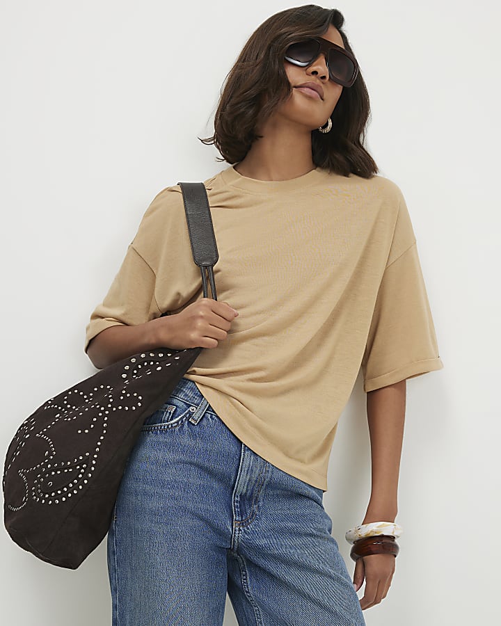 Beige Drop Shoulder Linen Blend T-shirt