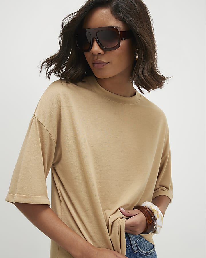 Beige Drop Shoulder Linen Blend T-shirt