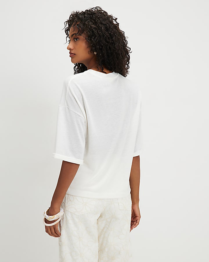 White Drop Shoulder Linen Blend T-shirt