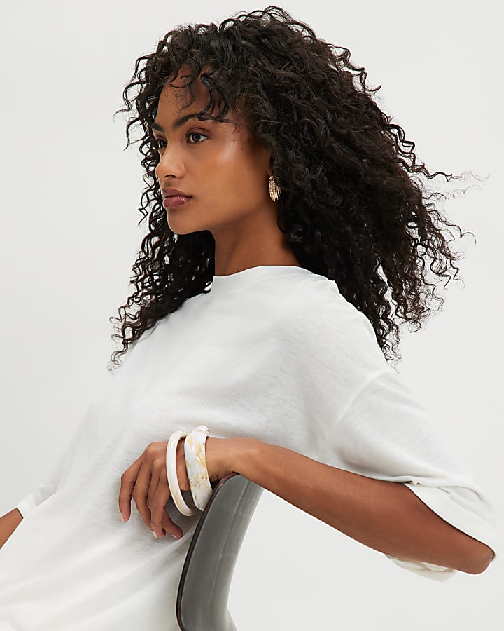 White Drop Shoulder Linen Blend T-shirt