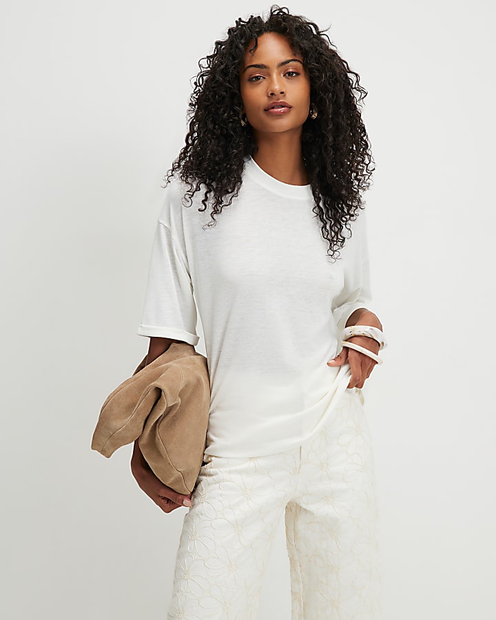 White Drop Shoulder Linen Blend T-shirt