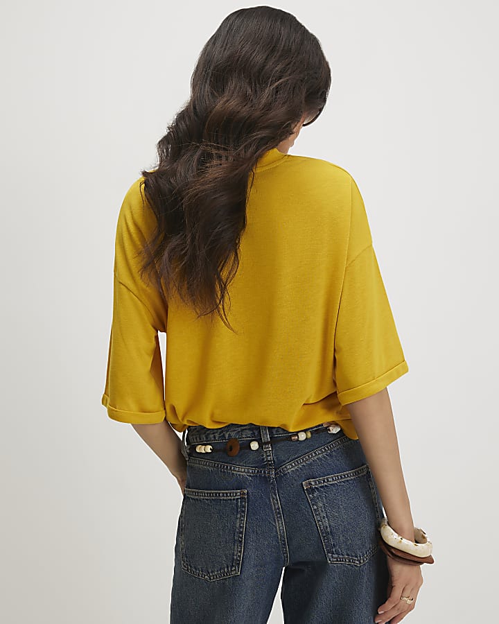 Yellow Drop Shoulder Linen Blend T-shirt