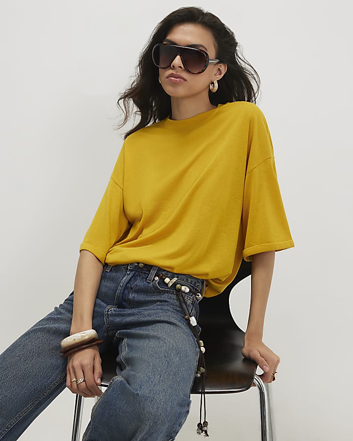 Yellow Drop Shoulder Linen Blend T-shirt