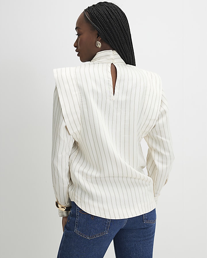 Cream Striped Tie Neck Blouse