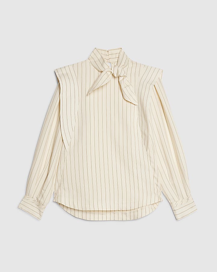 Cream Striped Tie Neck Blouse
