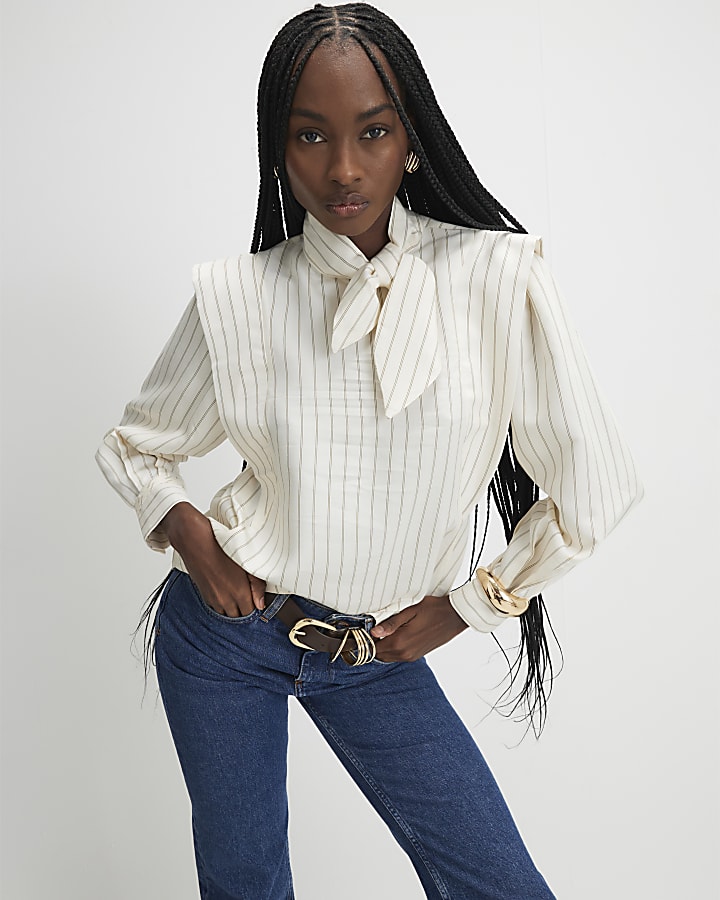 Cream Striped Tie Neck Blouse