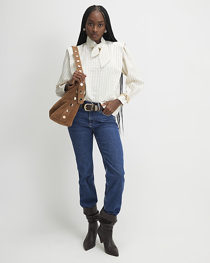 Cream Striped Tie Neck Blouse