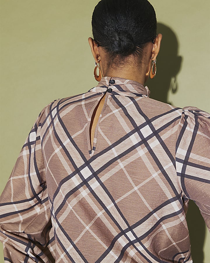 Brown Check Print Pussybow Blouse