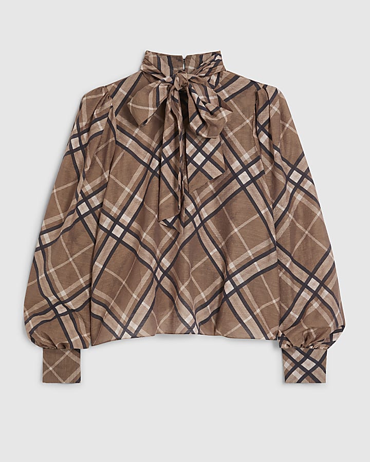 Brown Check Print Pussybow Blouse