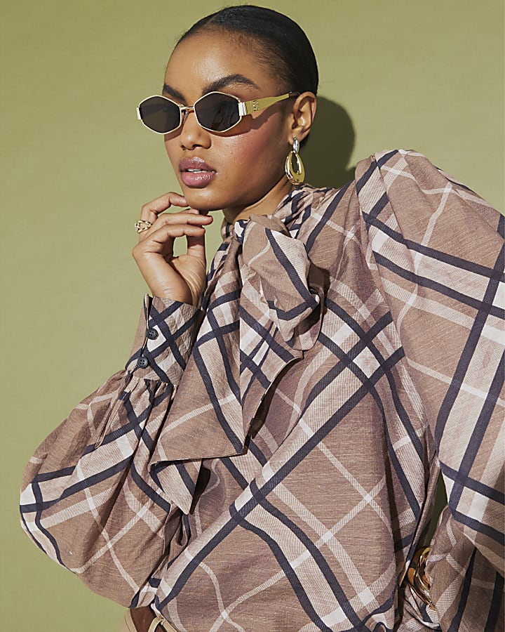 Brown Check Print Pussybow Blouse