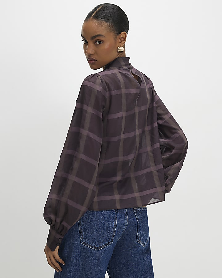 Purple Check Print Pussybow Blouse