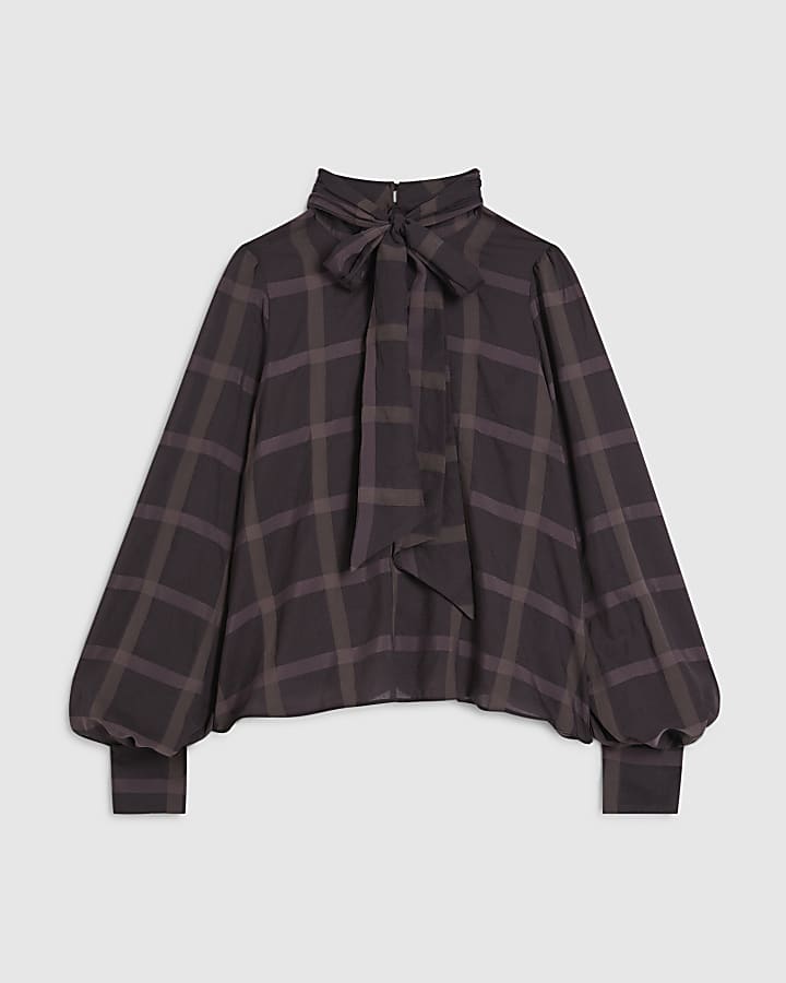 Purple Check Print Pussybow Blouse