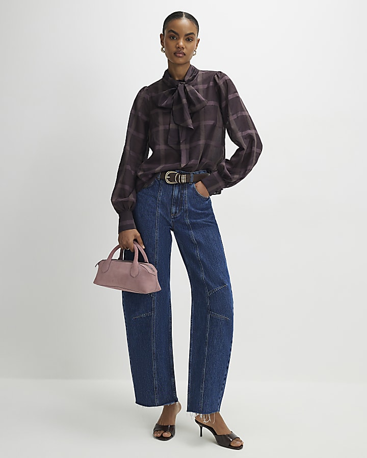 Purple Check Print Pussybow Blouse