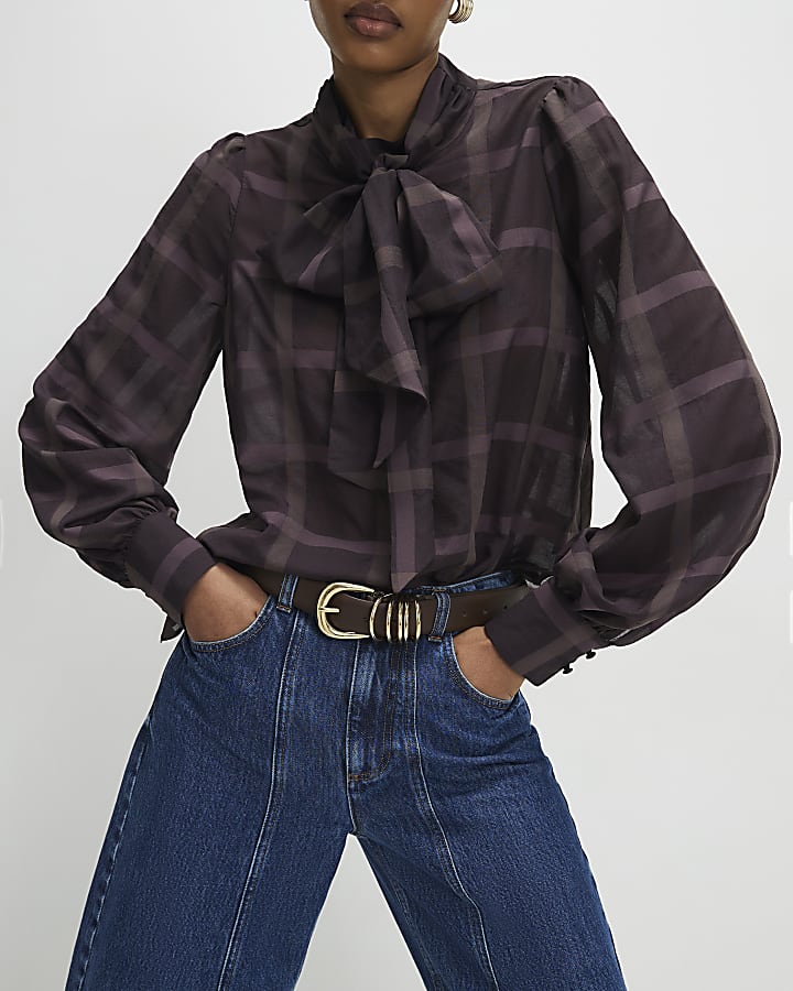 Purple Check Print Pussybow Blouse