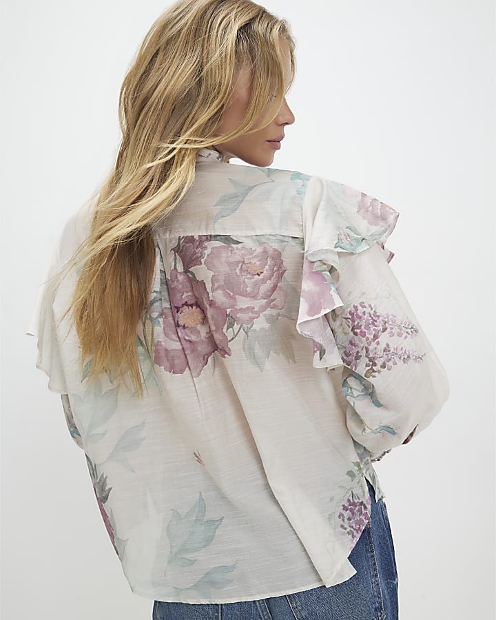 Cream Floral Pussybow Blouse