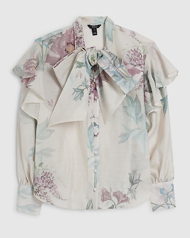 Cream Floral Pussybow Blouse