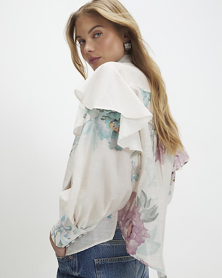 Cream Floral Pussybow Blouse