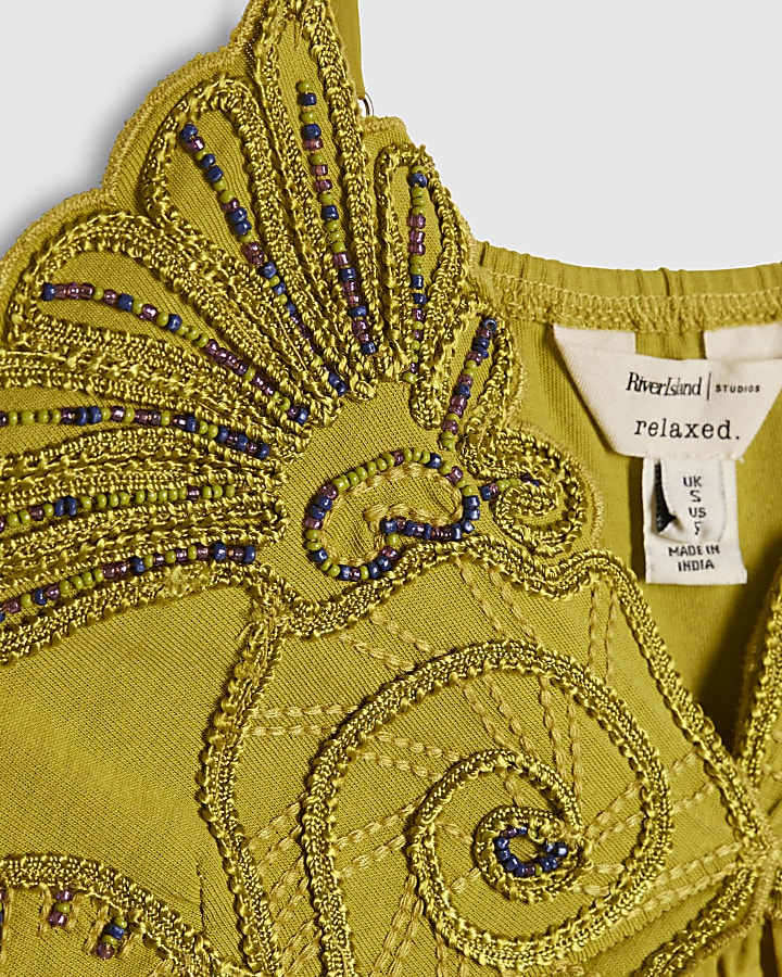 Green Embroidered Hybrid Cami Top
