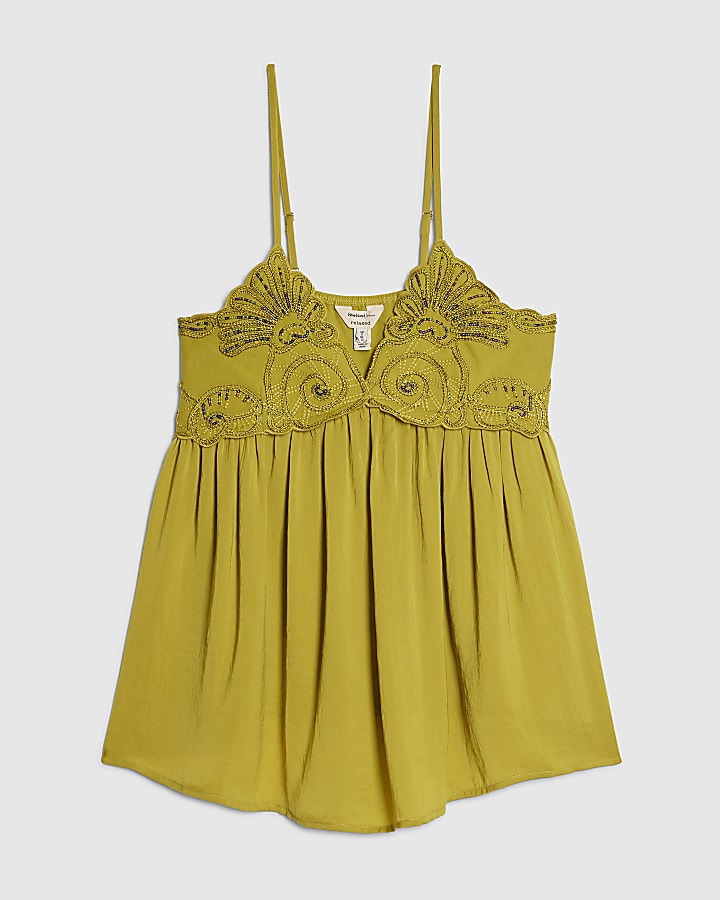 Green Embroidered Hybrid Cami Top
