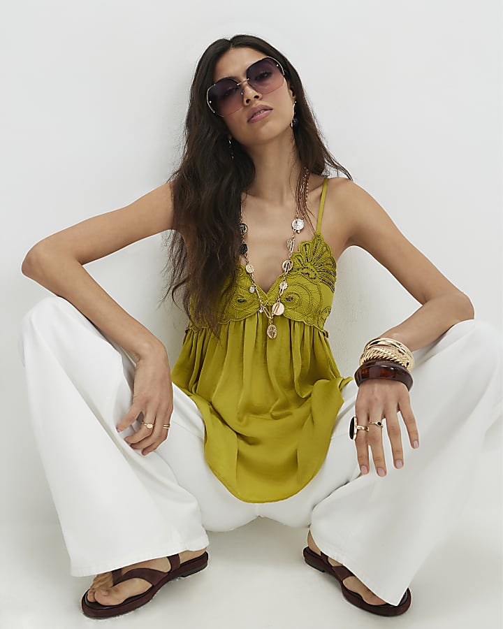 Green Embroidered Hybrid Cami Top