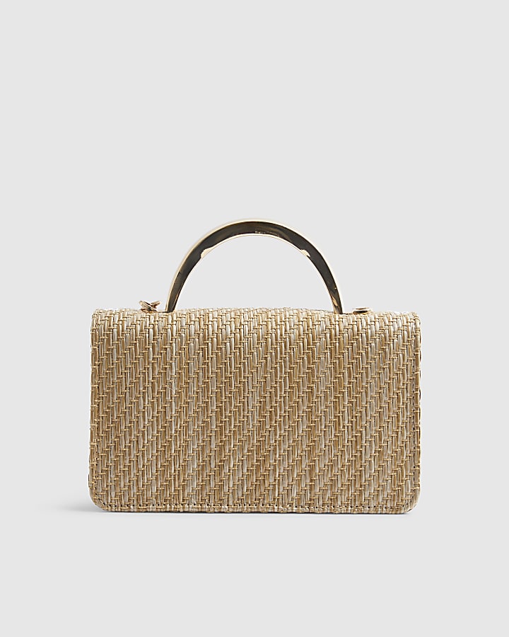 Brown Metal Handle Raffia Cross Body Bag