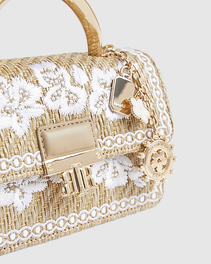 Brown Metal Handle Raffia Cross Body Bag