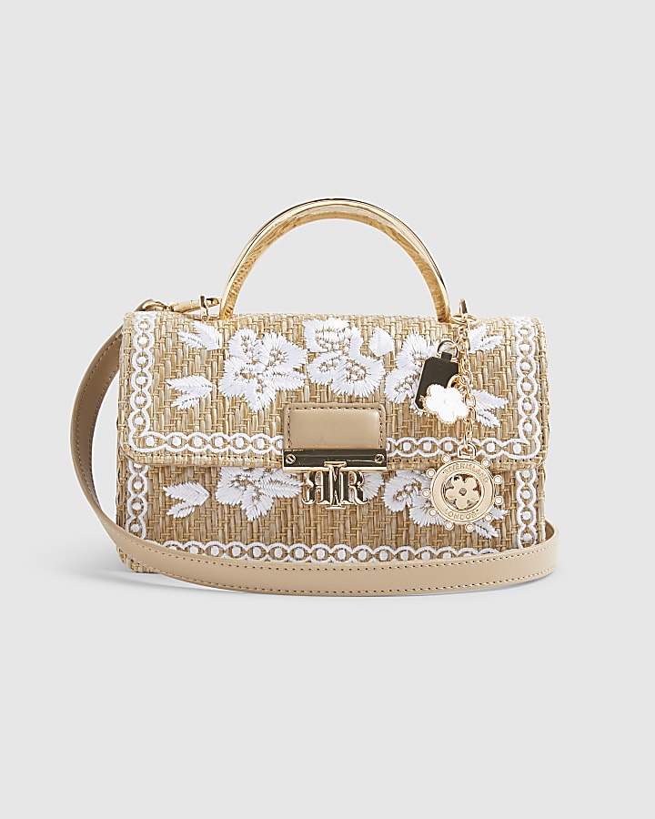 Brown Metal Handle Raffia Cross Body Bag