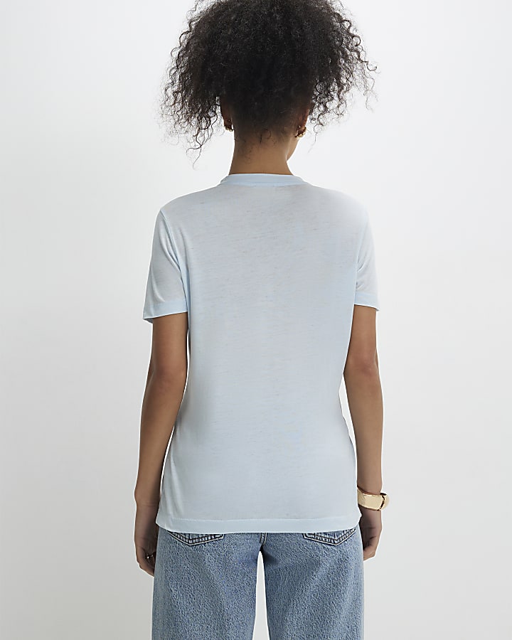Blue Short Sleeve Burnout Twist Front T-shirt