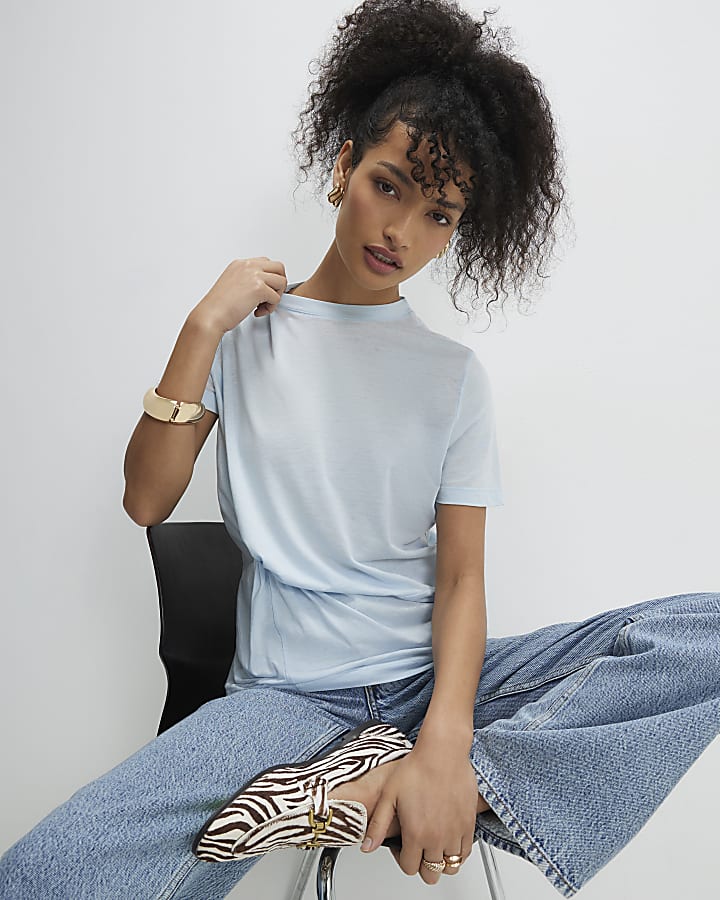 Blue Short Sleeve Burnout Twist Front T-shirt