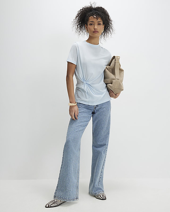 Blue Short Sleeve Burnout Twist Front T-shirt