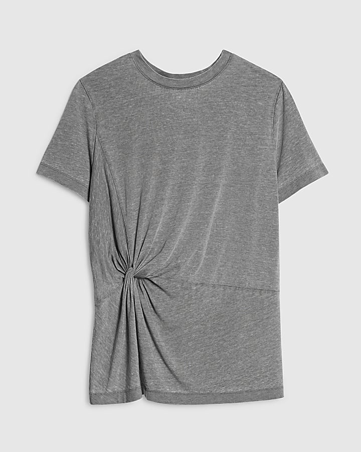 Grey Short Sleeve Burnout Twist Front T-shirt
