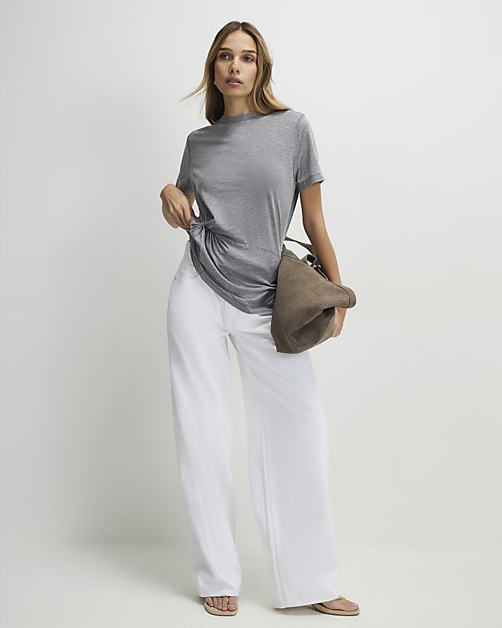 Grey Short Sleeve Burnout Twist Front T-shirt