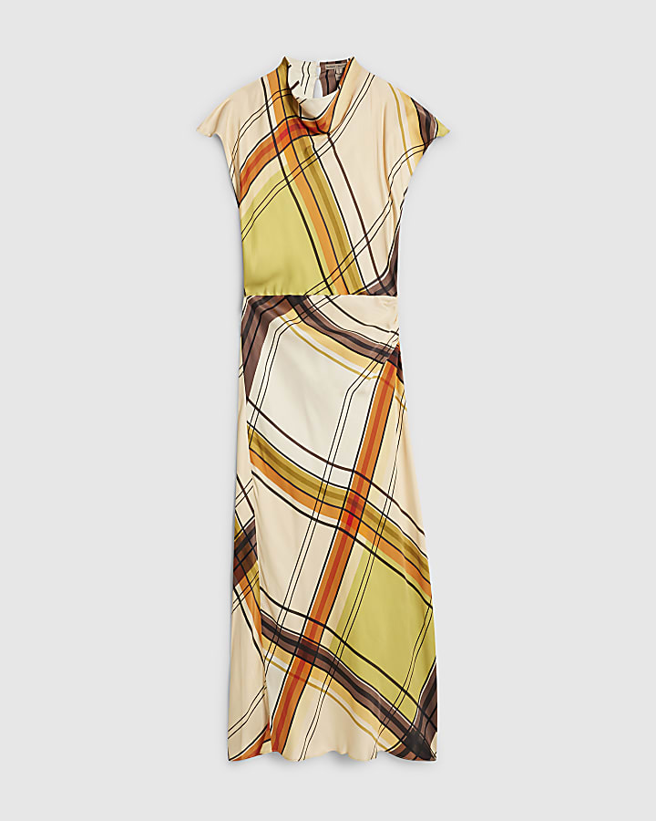 Green Check Print Column Midi Dress