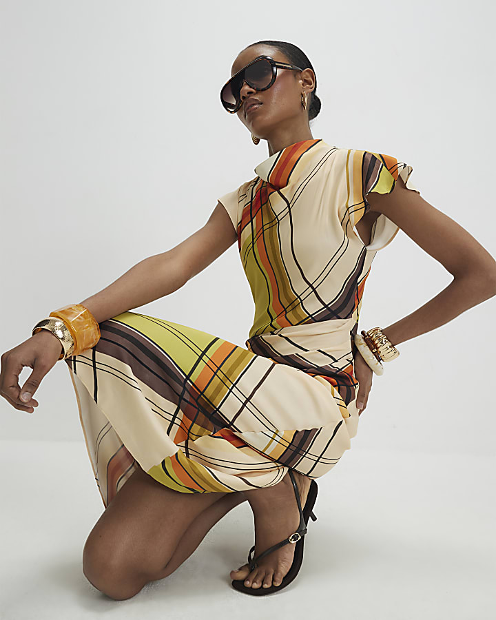 Green Check Print Column Midi Dress