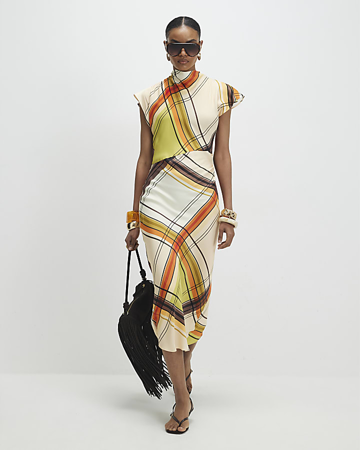 Green Check Print Column Midi Dress