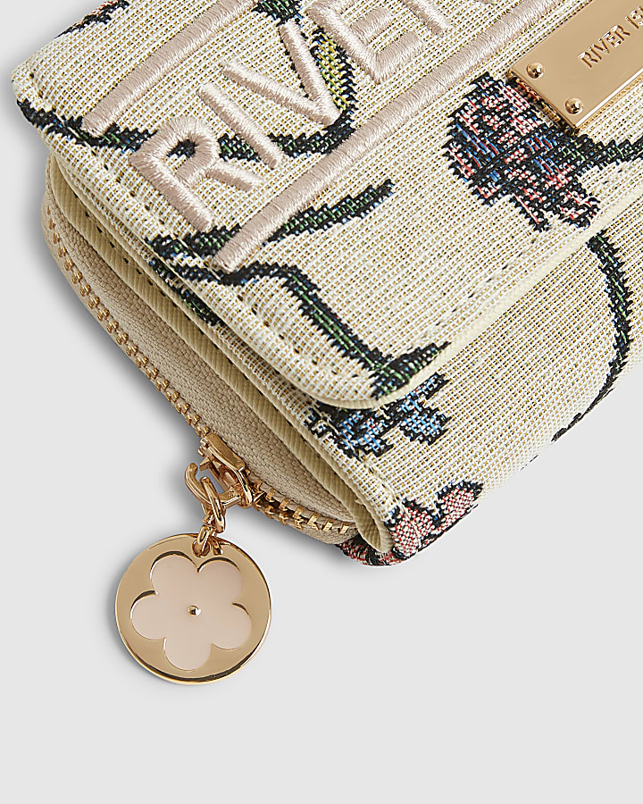 Cream Floral Jacquard Logo Flap Purse
