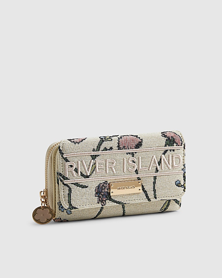 Cream Floral Jacquard Logo Flap Purse