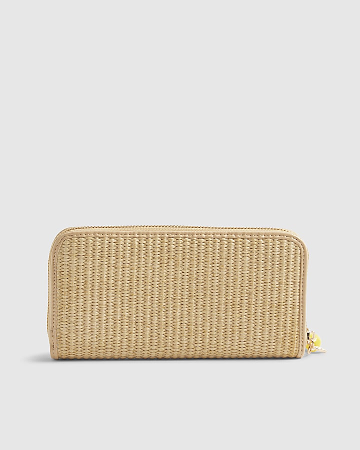 Beige Floral Embroidery Raffia Purse