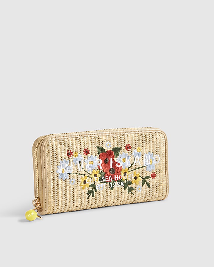 Beige Floral Embroidery Raffia Purse