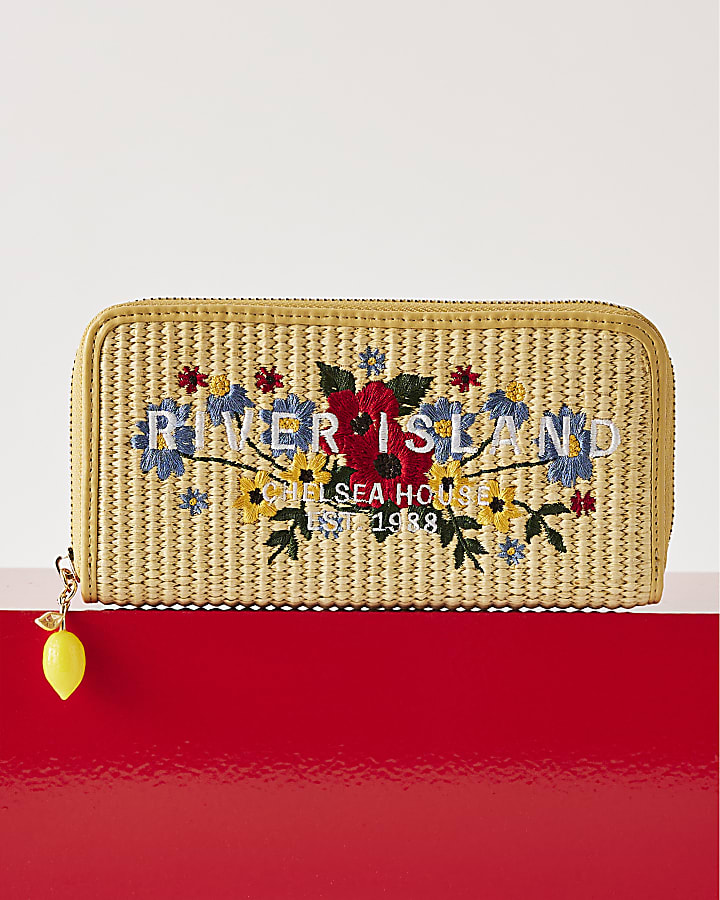 Beige Floral Embroidery Raffia Purse