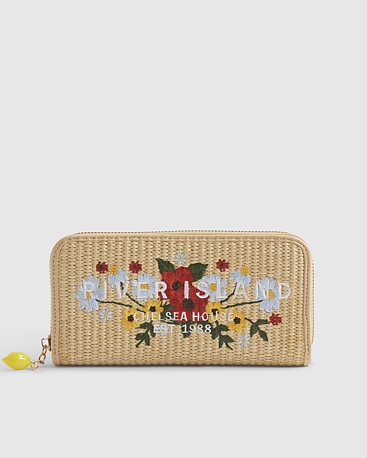 Beige Floral Embroidery Raffia Purse