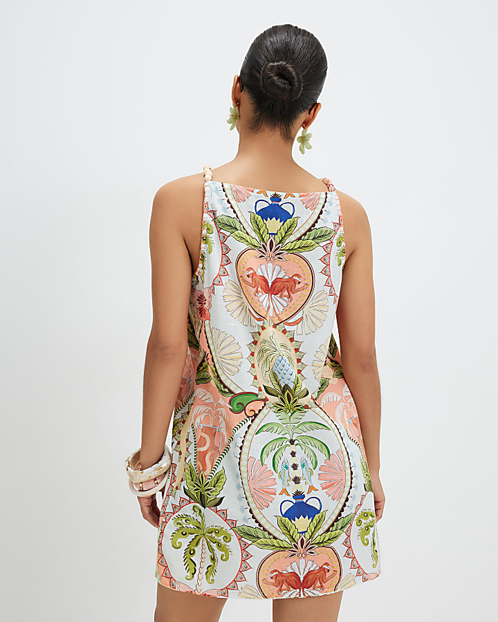 Petite Blue Linen Blend Palm Print Dress