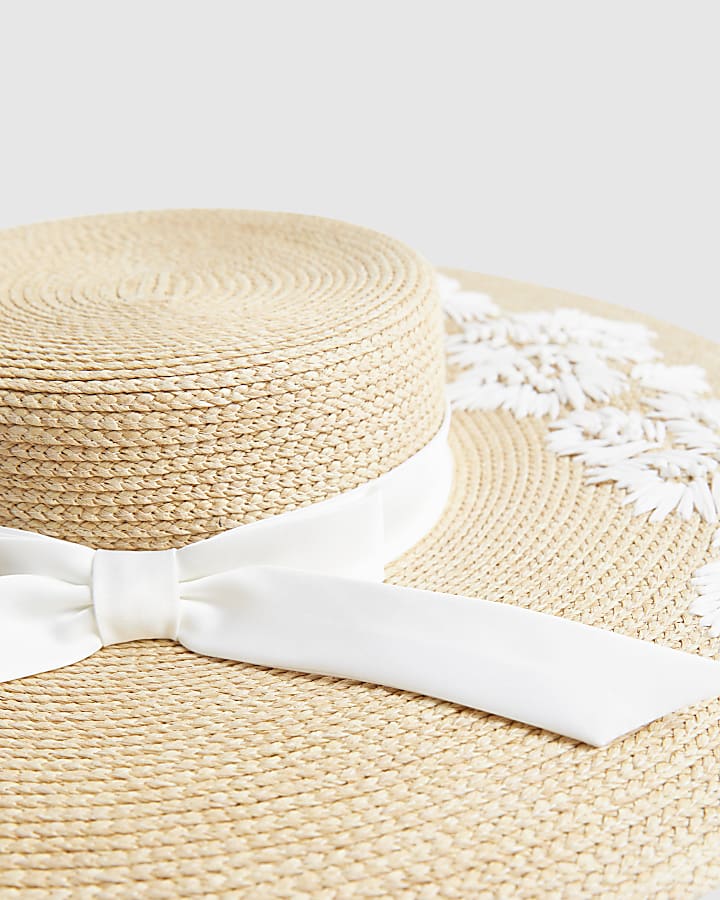Beige Amayah Wide Brim Embroidered Boater