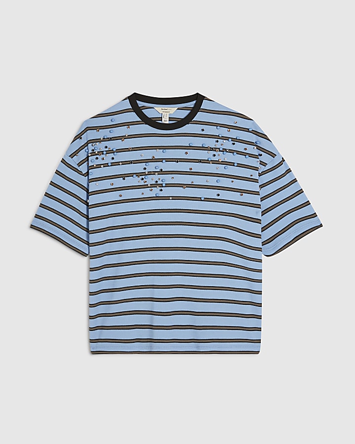 Blue Stripe Embellished T-Shirt