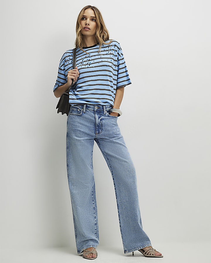 Blue Stripe Embellished T-Shirt