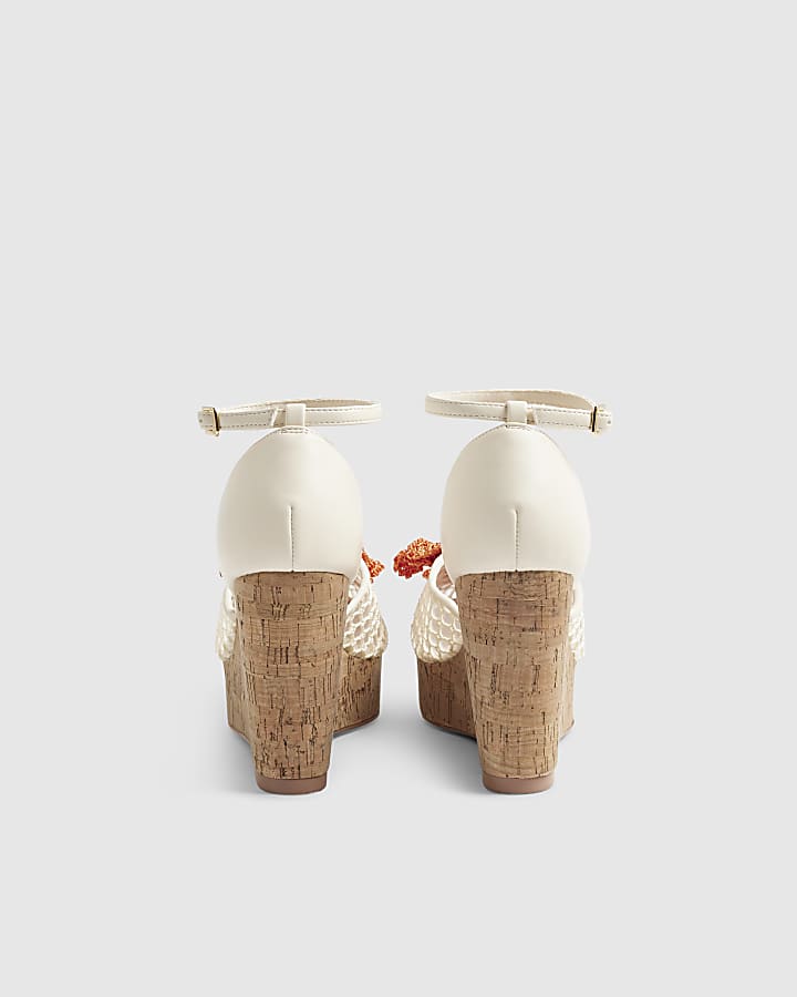 Cream Closed Toe Flower Wedges